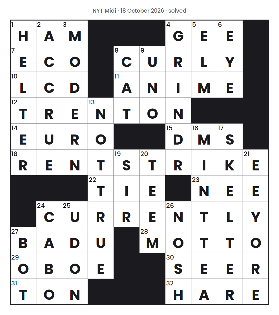Solved NYT Midi puzzle grid for 18 October 2026, with every answer filled in.