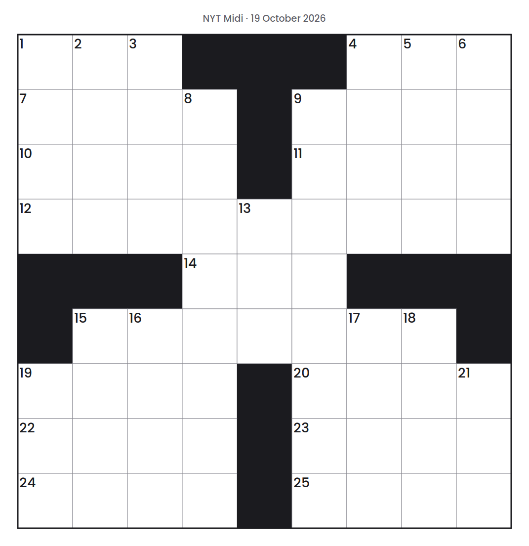 Empty NYT Midi puzzle grid for 19 October 2026, 9 squares wide and 9 squares high, with answer numbers in their squares and no letters.