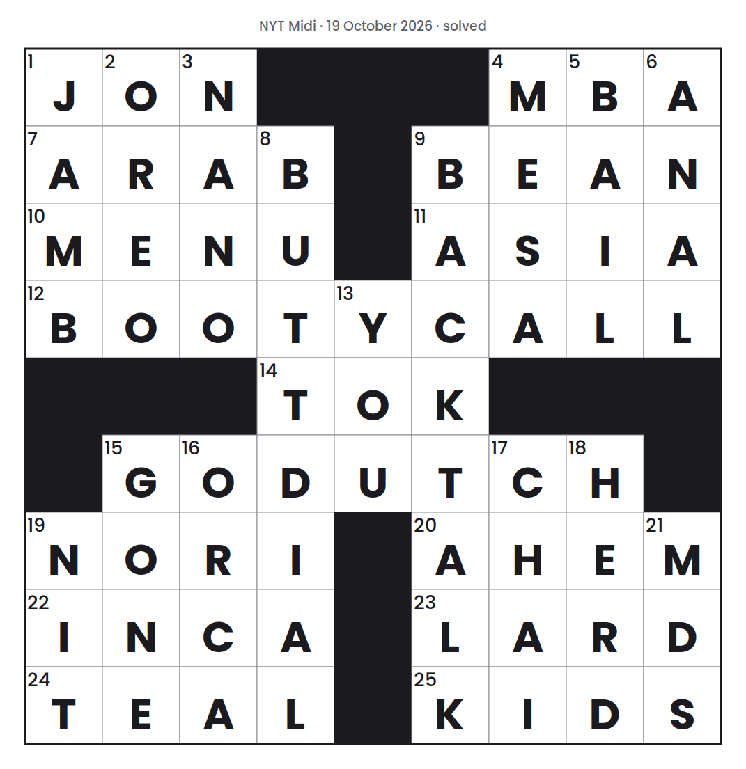 Solved NYT Midi puzzle grid for 19 October 2026, with every answer filled in.