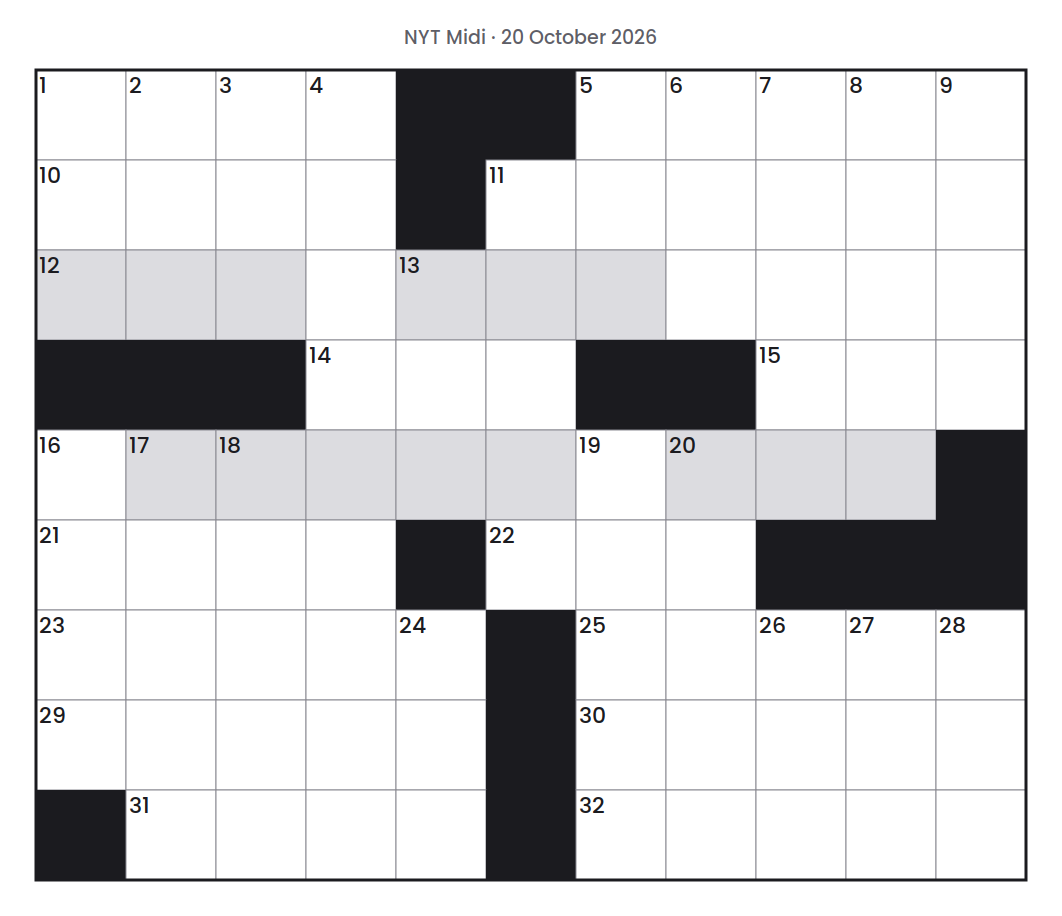 Empty NYT Midi puzzle grid for 20 October 2026, 11 squares wide and 9 squares high, with answer numbers in their squares and no letters.
