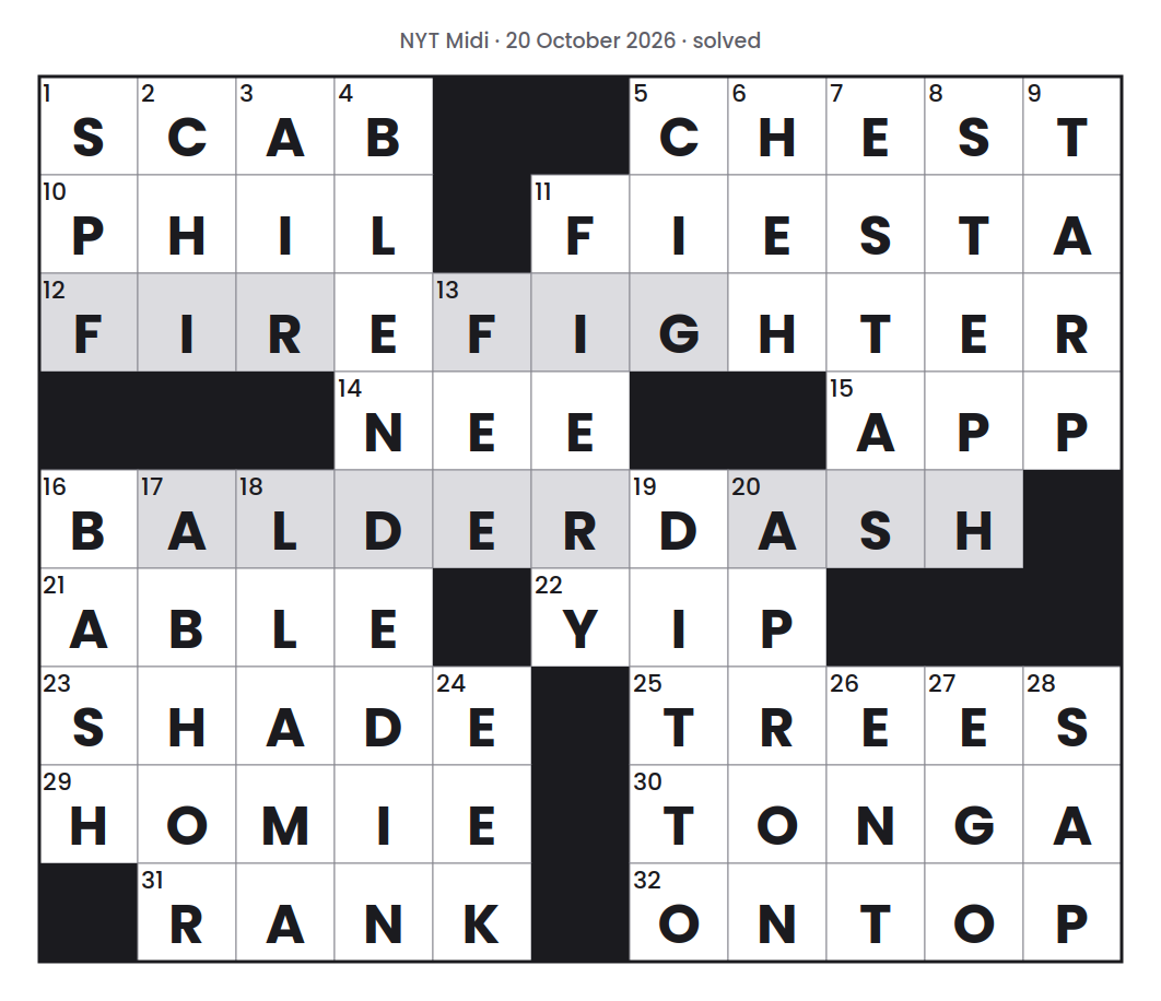 Solved NYT Midi puzzle grid for 20 October 2026, with every answer filled in.