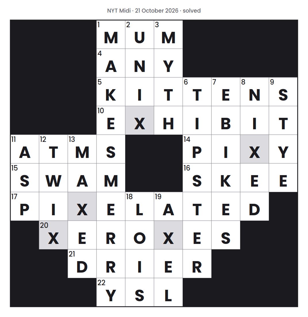 Solved NYT Midi puzzle grid for 21 October 2026, with every answer filled in.