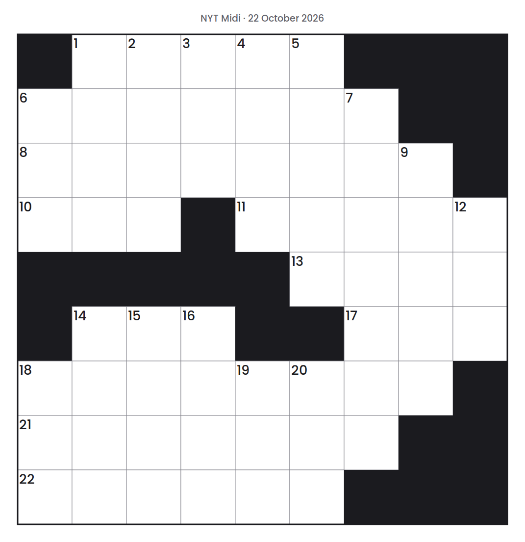 Empty NYT Midi puzzle grid for 22 October 2026, 9 squares wide and 9 squares high, with answer numbers in their squares and no letters.
