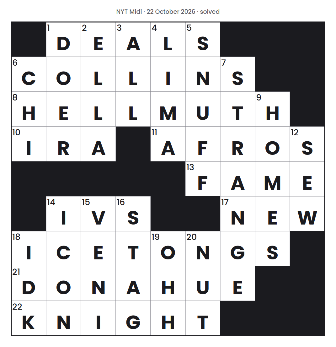 Solved NYT Midi puzzle grid for 22 October 2026, with every answer filled in.