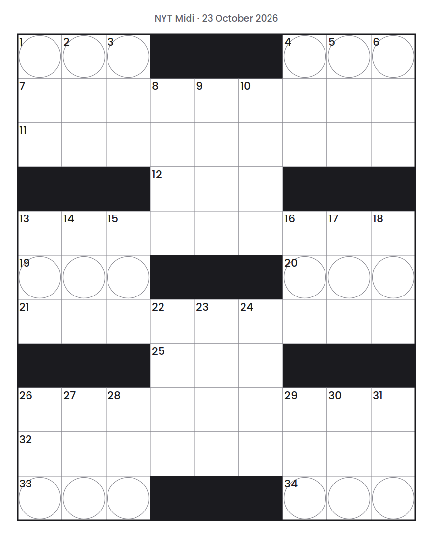 Empty NYT Midi puzzle grid for 23 October 2026, 9 squares wide and 11 squares high, with answer numbers in their squares and no letters.