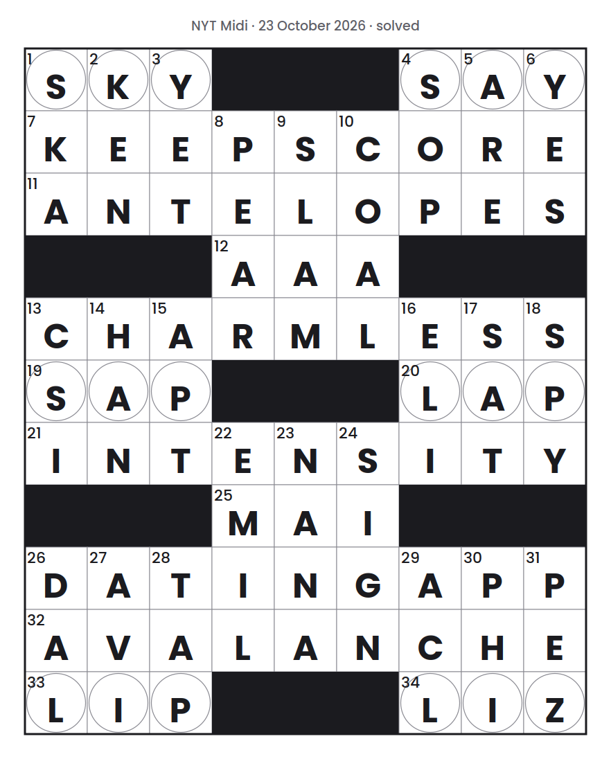 Solved NYT Midi puzzle grid for 23 October 2026, with every answer filled in.