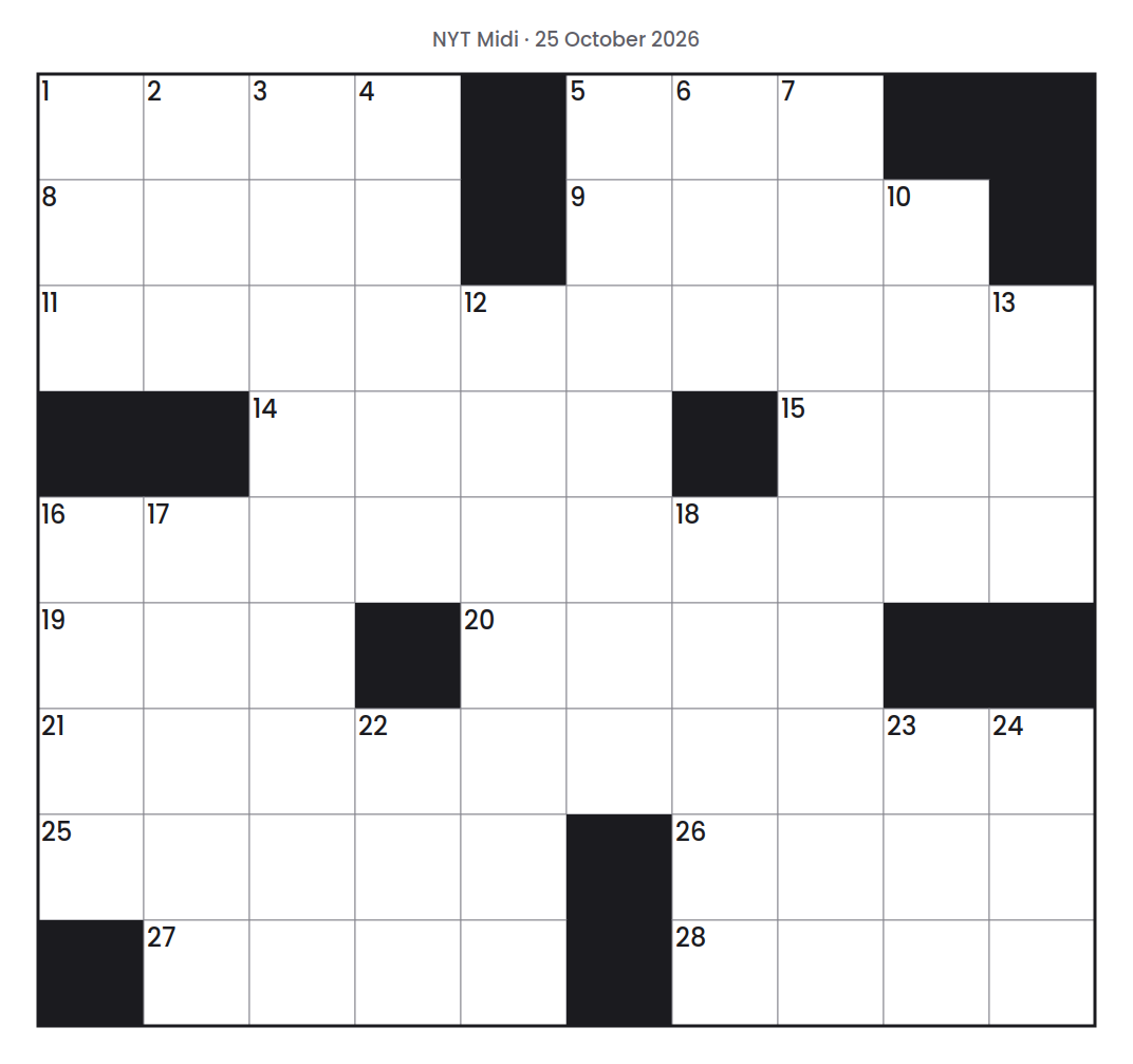 Empty NYT Midi puzzle grid for 25 October 2026, 10 squares wide and 9 squares high, with answer numbers in their squares and no letters.