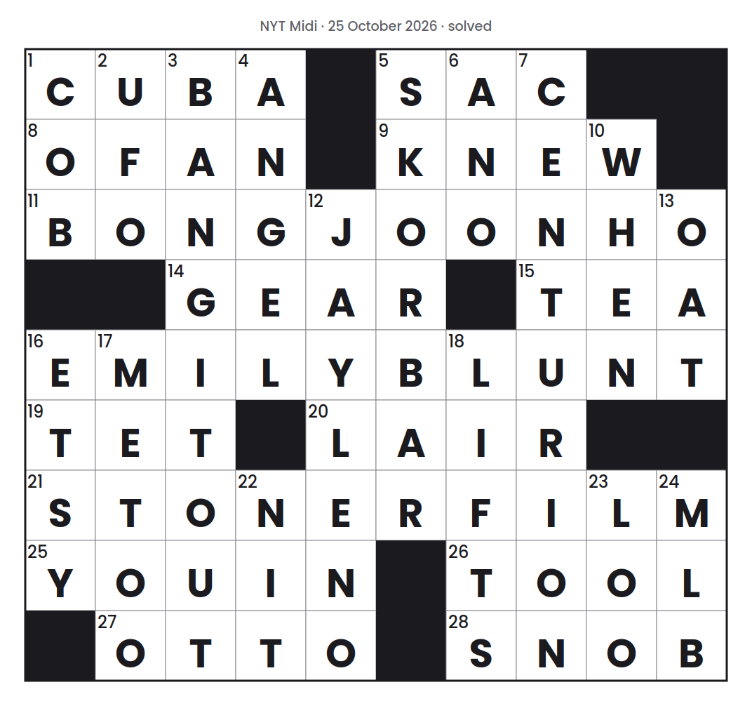 Solved NYT Midi puzzle grid for 25 October 2026, with every answer filled in.