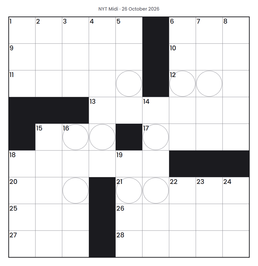 Empty NYT Midi puzzle grid for 26 October 2026, 9 squares wide and 9 squares high, with answer numbers in their squares and no letters.