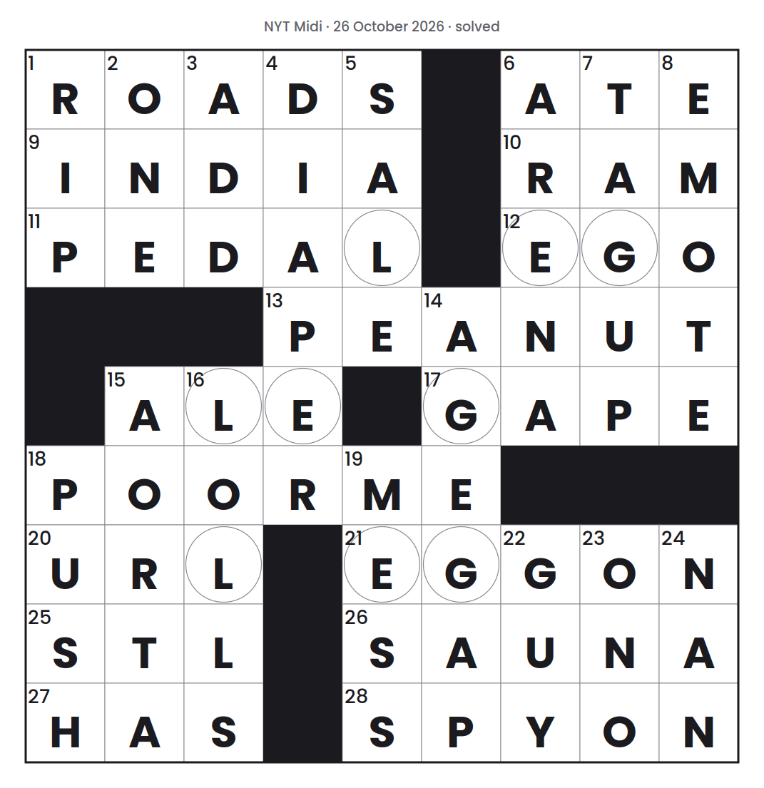Solved NYT Midi puzzle grid for 26 October 2026, with every answer filled in.