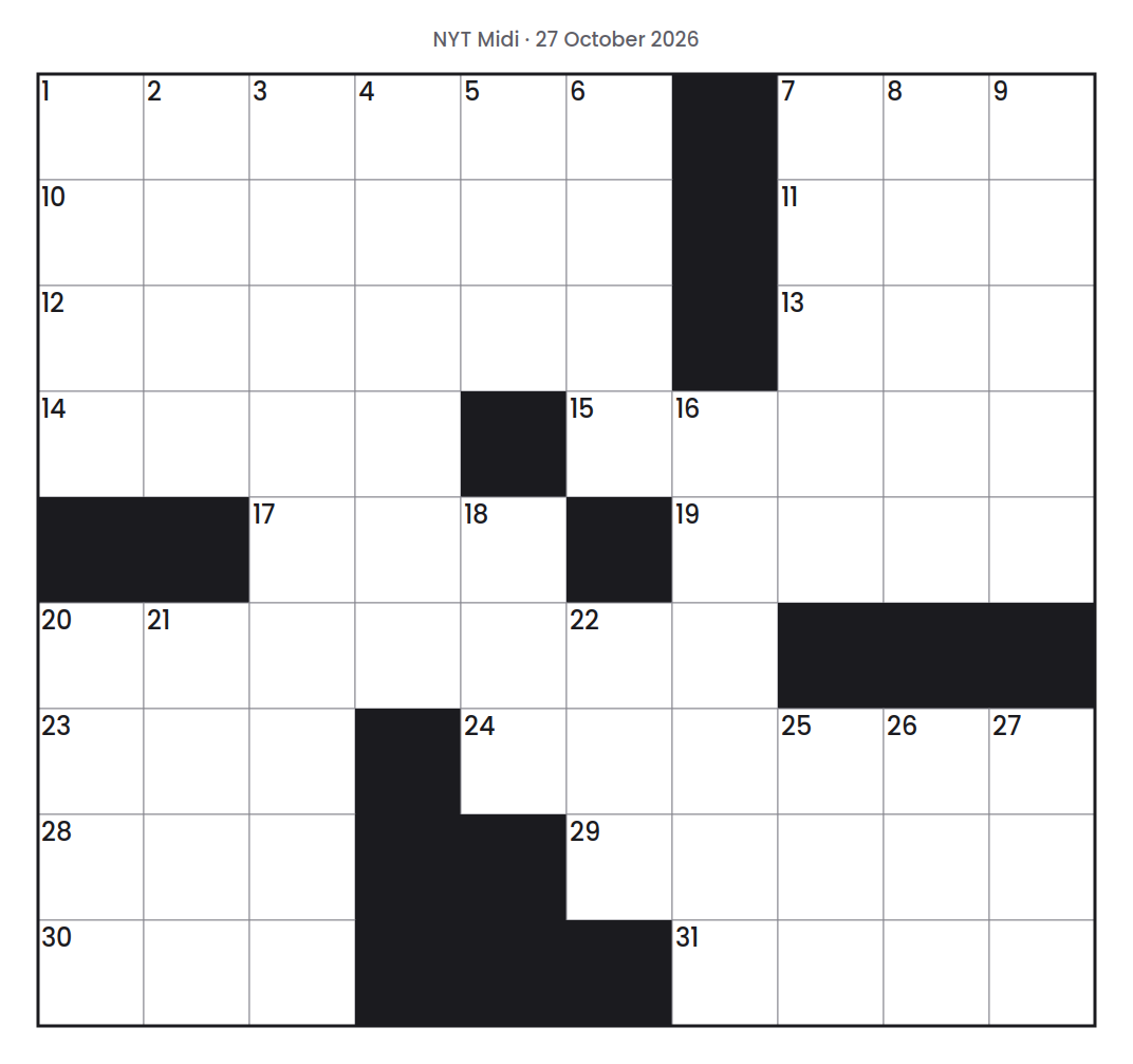 Empty NYT Midi puzzle grid for 27 October 2026, 10 squares wide and 9 squares high, with answer numbers in their squares and no letters.