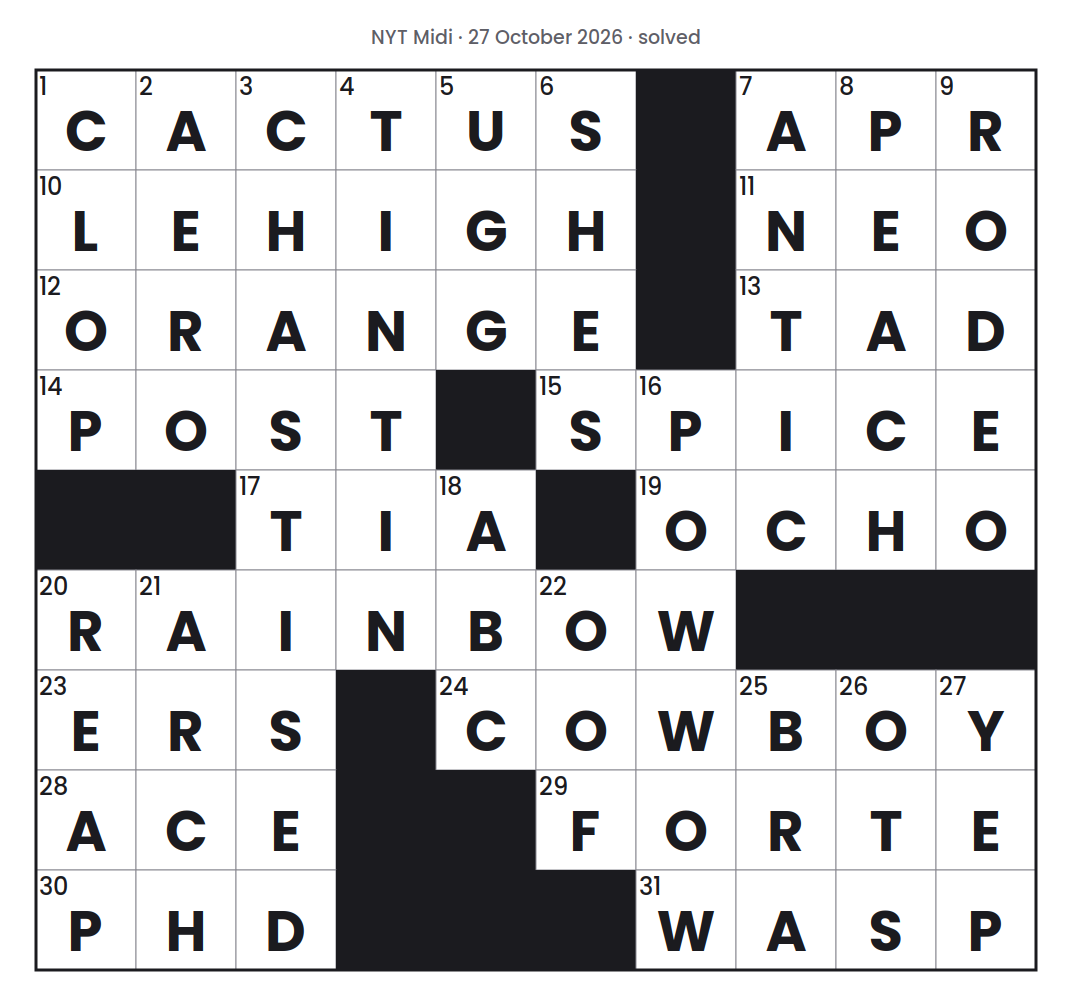 Solved NYT Midi puzzle grid for 27 October 2026, with every answer filled in.