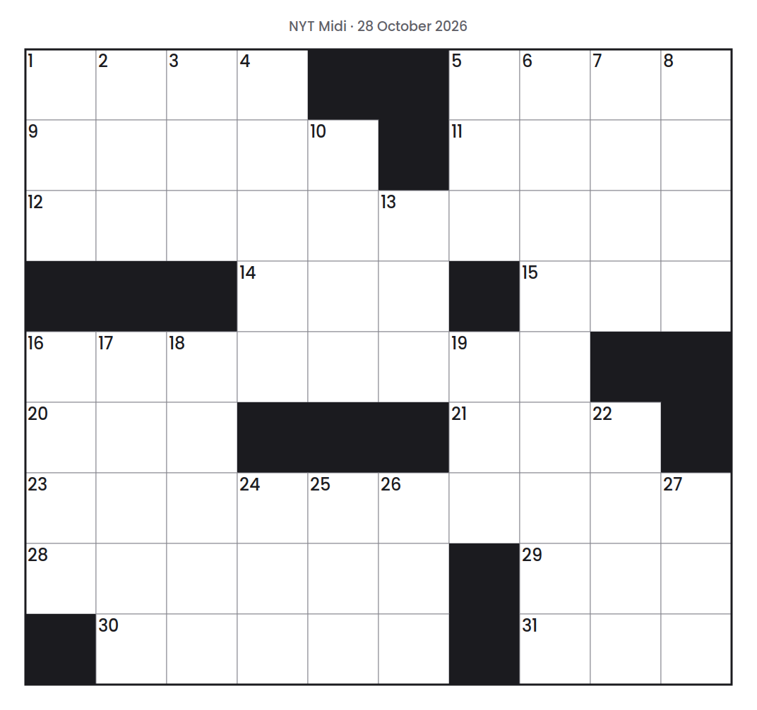 Empty NYT Midi puzzle grid for 28 October 2026, 10 squares wide and 9 squares high, with answer numbers in their squares and no letters.