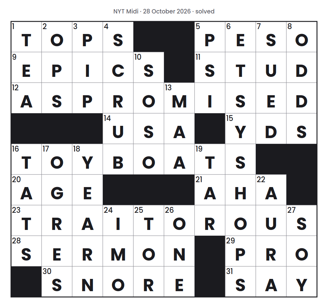 Solved NYT Midi puzzle grid for 28 October 2026, with every answer filled in.