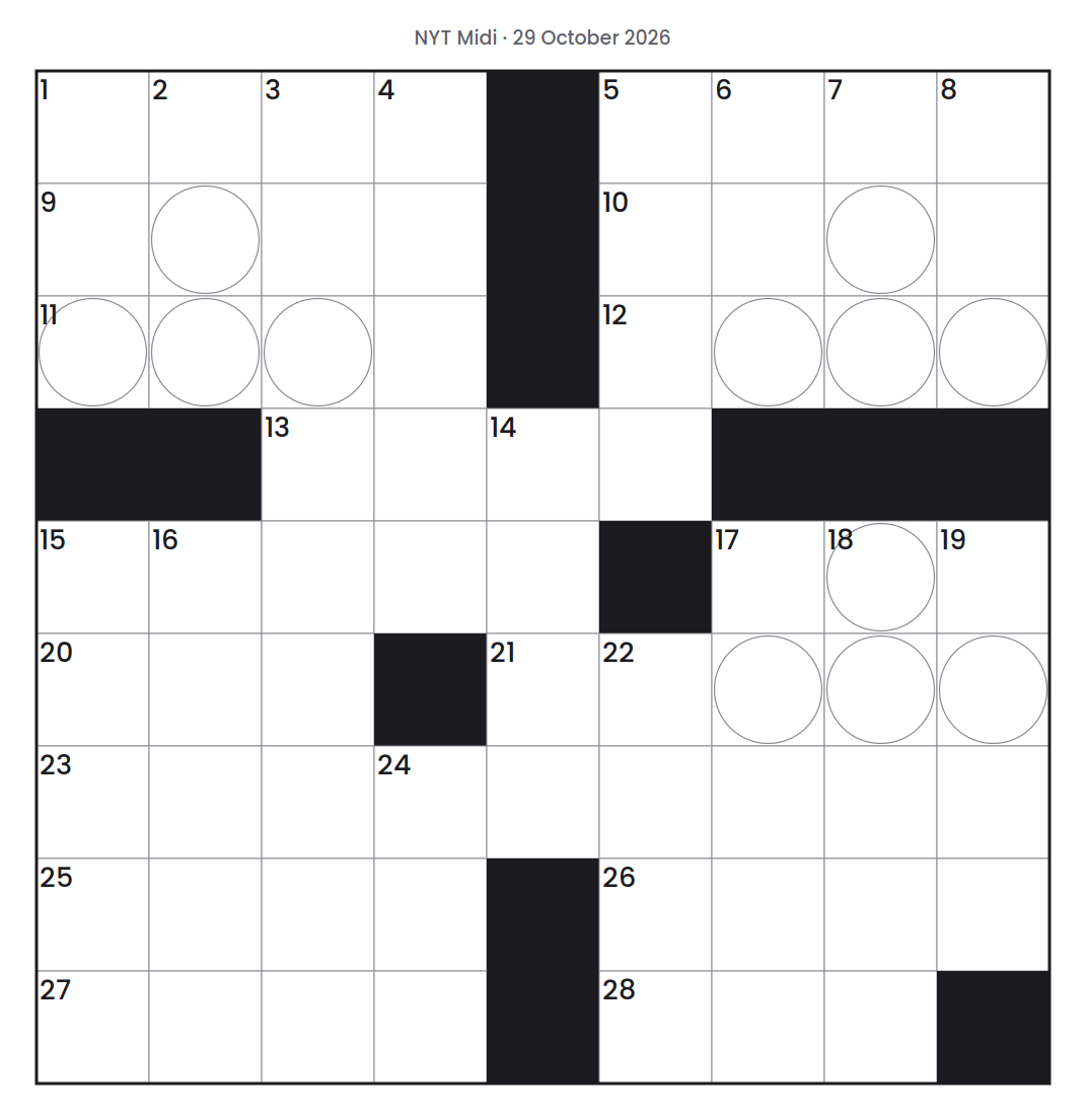 Empty NYT Midi puzzle grid for 29 October 2026, 9 squares wide and 9 squares high, with answer numbers in their squares and no letters.
