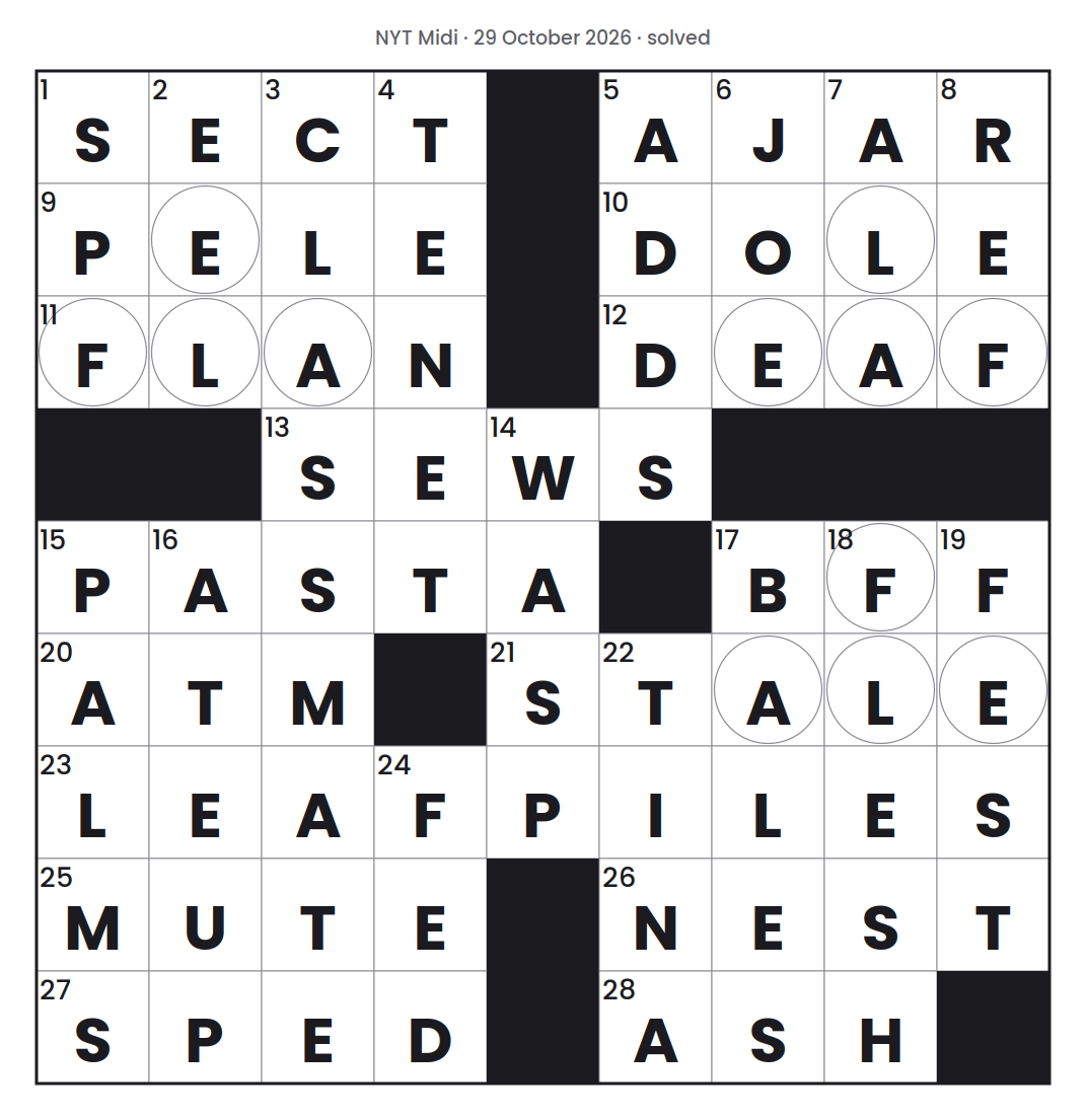 Solved NYT Midi puzzle grid for 29 October 2026, with every answer filled in.