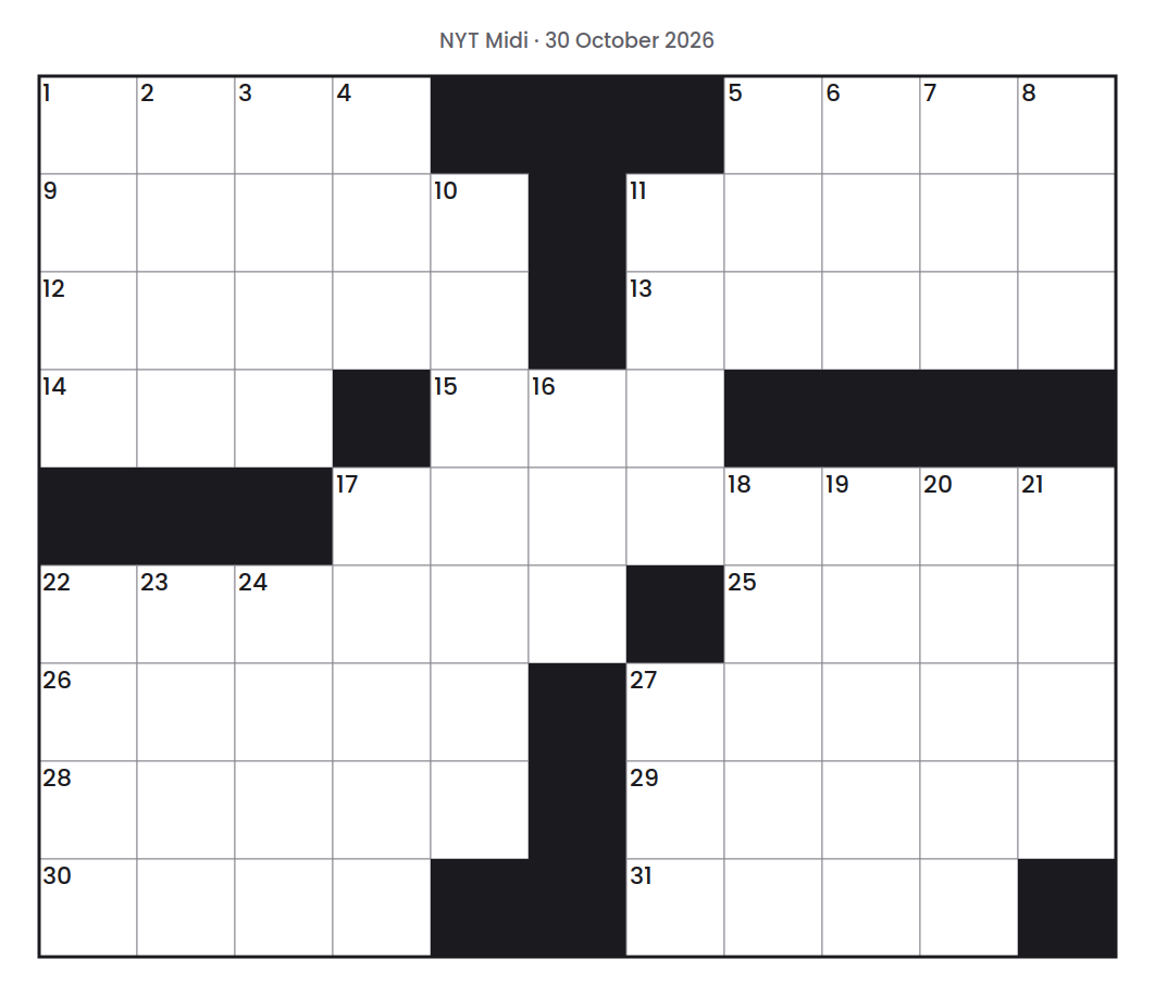 Empty NYT Midi puzzle grid for 30 October 2026, 11 squares wide and 9 squares high, with answer numbers in their squares and no letters.