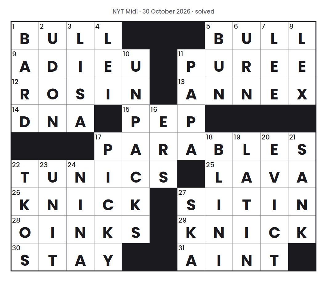 Solved NYT Midi puzzle grid for 30 October 2026, with every answer filled in.