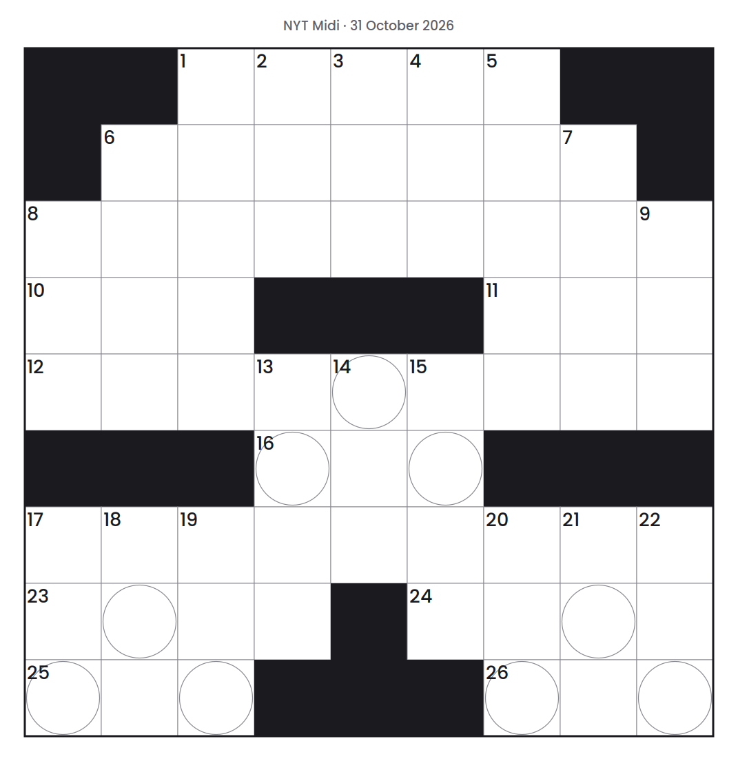 Empty NYT Midi puzzle grid for 31 October 2026, 9 squares wide and 9 squares high, with answer numbers in their squares and no letters.