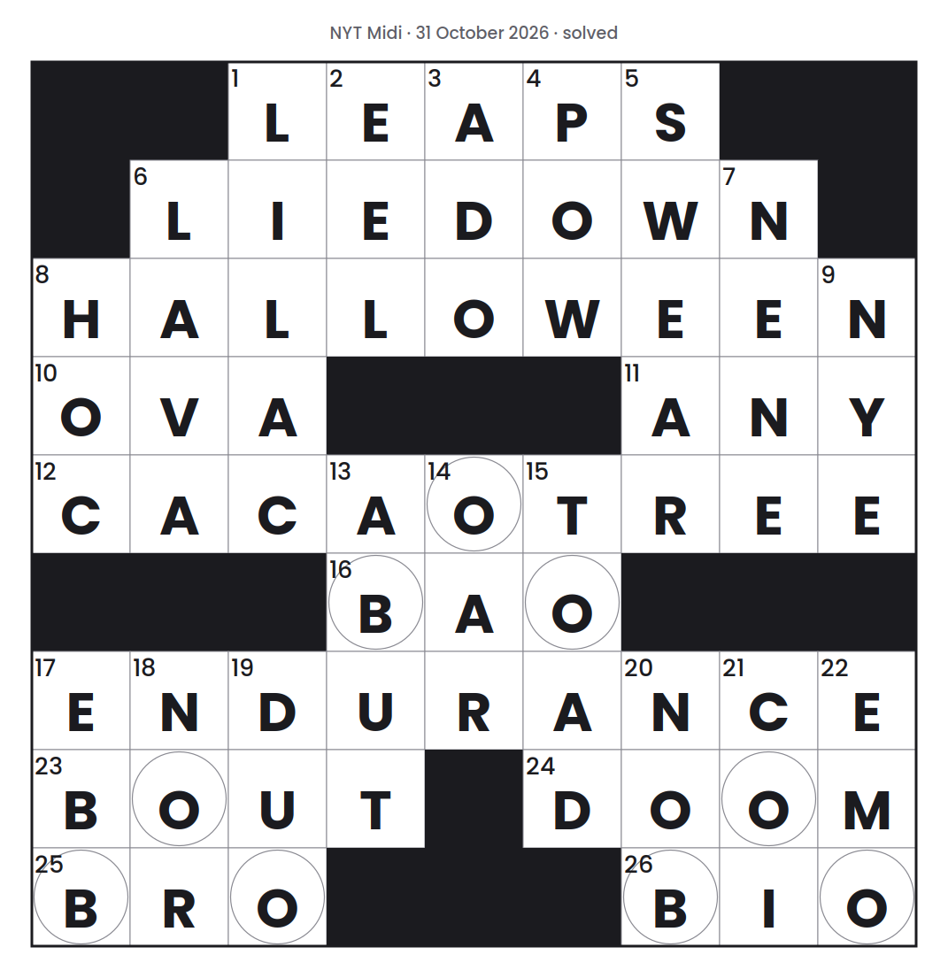 Solved NYT Midi puzzle grid for 31 October 2026, with every answer filled in.