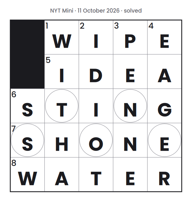 Solved NYT Mini puzzle grid for 11 October 2026, with every answer filled in.