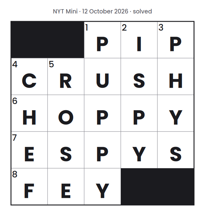 Solved NYT Mini puzzle grid for 12 October 2026, with every answer filled in.