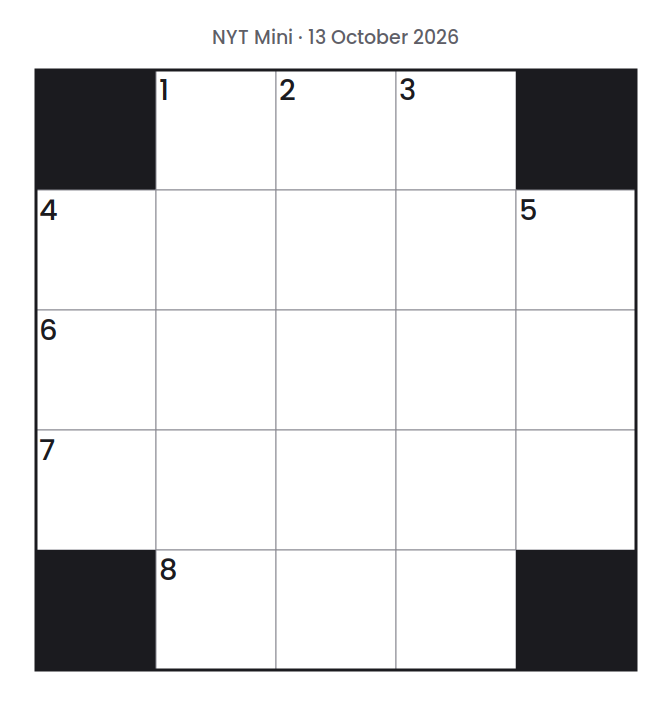 Empty NYT Mini puzzle grid for 13 October 2026, 5 squares wide and 5 squares high, with answer numbers in their squares and no letters.