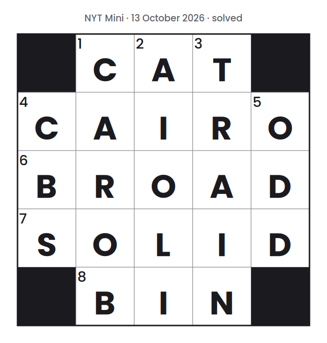 Solved NYT Mini puzzle grid for 13 October 2026, with every answer filled in.