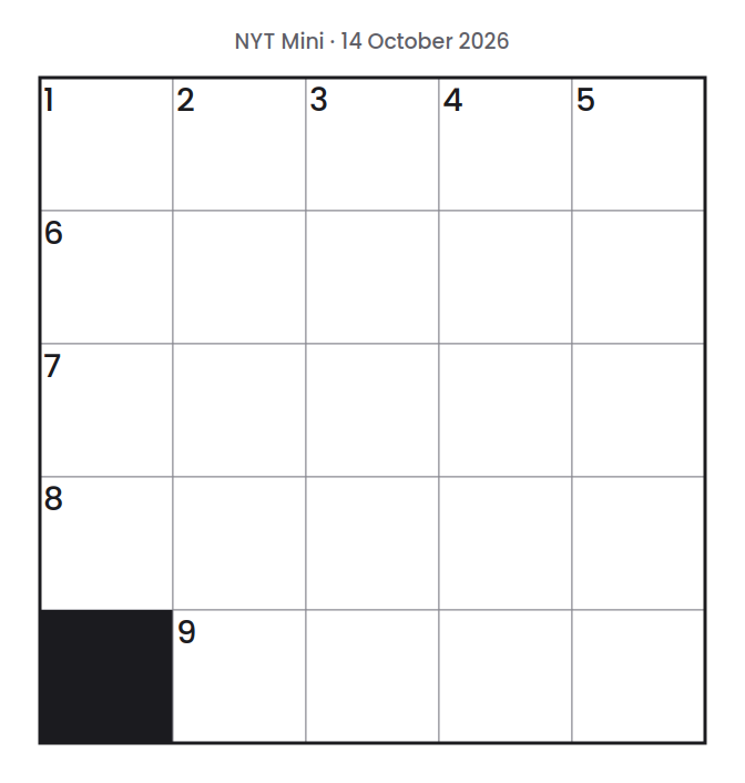 Empty NYT Mini puzzle grid for 14 October 2026, 5 squares wide and 5 squares high, with answer numbers in their squares and no letters.