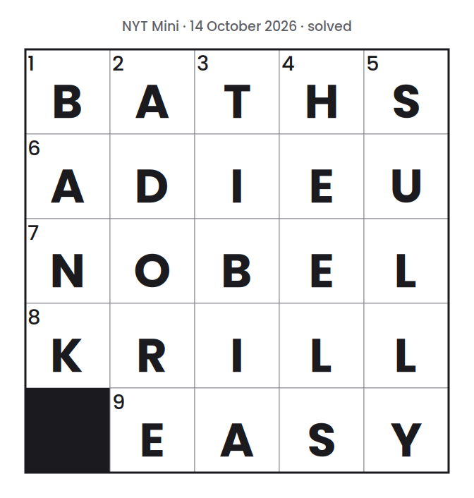 Solved NYT Mini puzzle grid for 14 October 2026, with every answer filled in.