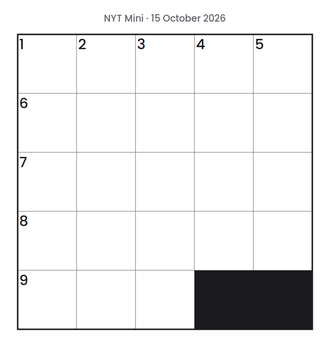 Empty NYT Mini puzzle grid for 15 October 2026, 5 squares wide and 5 squares high, with answer numbers in their squares and no letters.