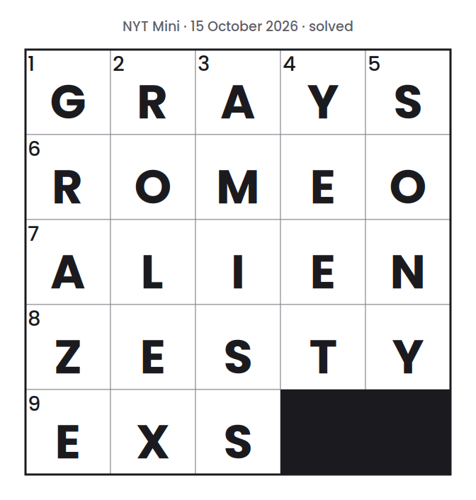 Solved NYT Mini puzzle grid for 15 October 2026, with every answer filled in.