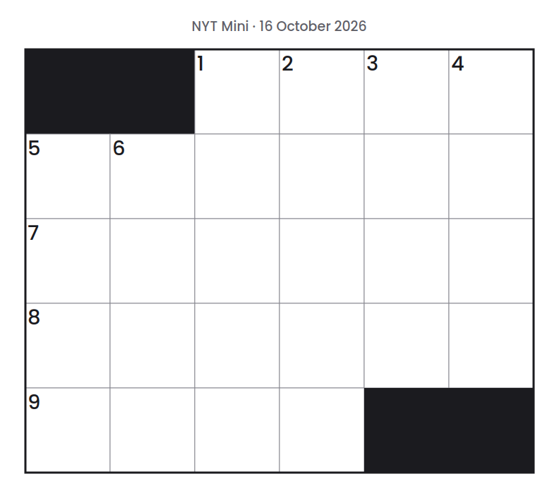Empty NYT Mini puzzle grid for 16 October 2026, 6 squares wide and 5 squares high, with answer numbers in their squares and no letters.