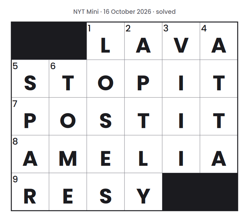 Solved NYT Mini puzzle grid for 16 October 2026, with every answer filled in.