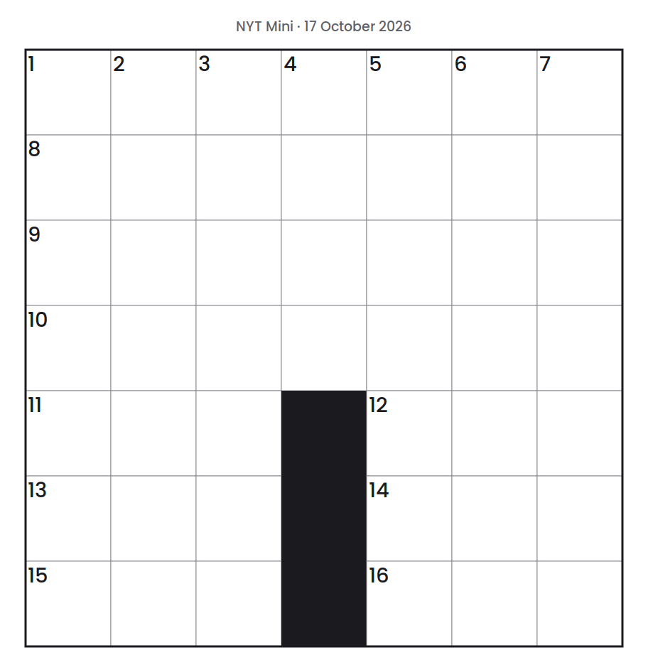 Empty NYT Mini puzzle grid for 17 October 2026, 7 squares wide and 7 squares high, with answer numbers in their squares and no letters.
