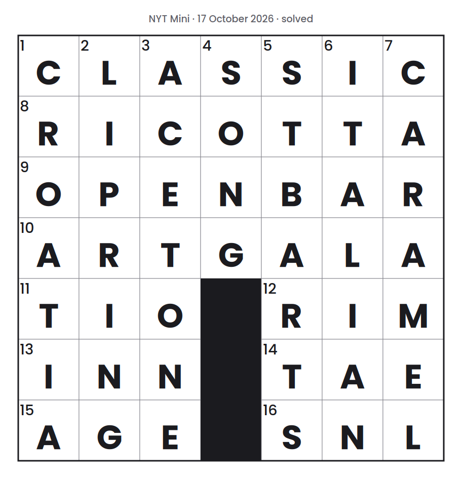 Solved NYT Mini puzzle grid for 17 October 2026, with every answer filled in.