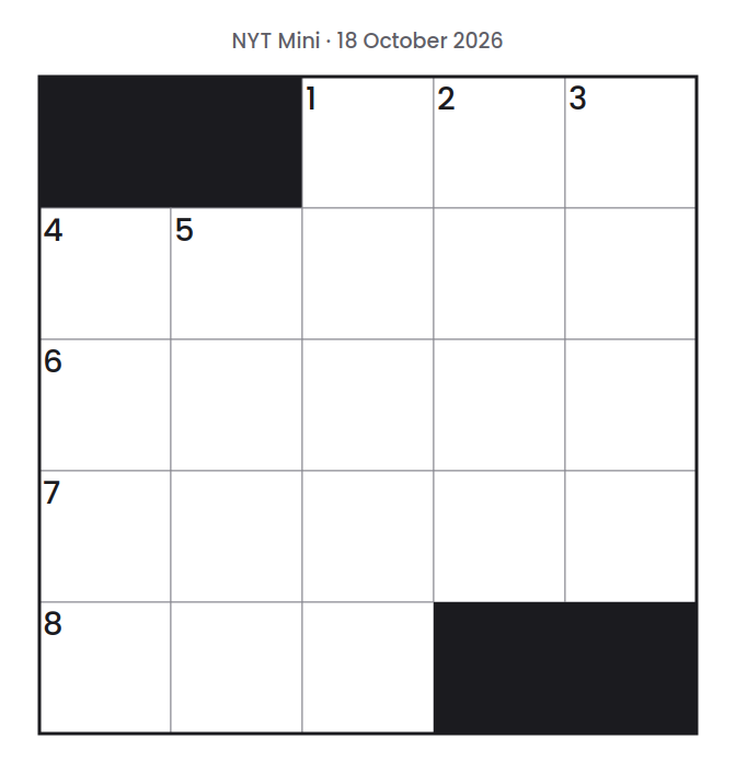 Empty NYT Mini puzzle grid for 18 October 2026, 5 squares wide and 5 squares high, with answer numbers in their squares and no letters.