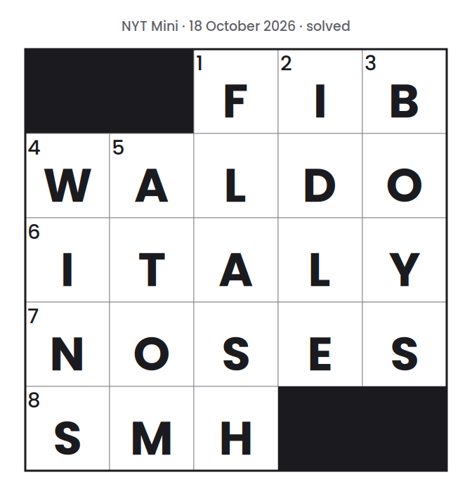 Solved NYT Mini puzzle grid for 18 October 2026, with every answer filled in.