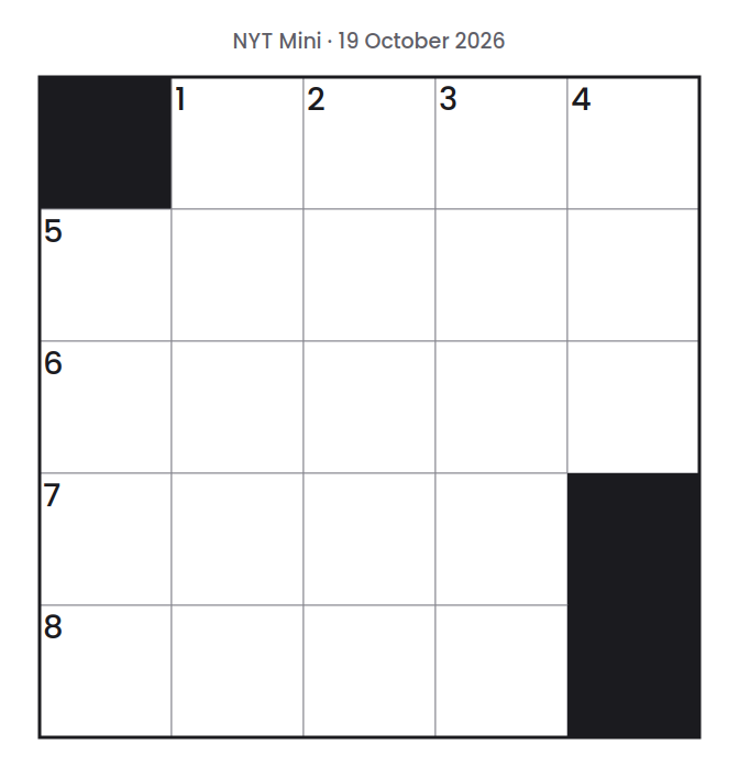 Empty NYT Mini puzzle grid for 19 October 2026, 5 squares wide and 5 squares high, with answer numbers in their squares and no letters.