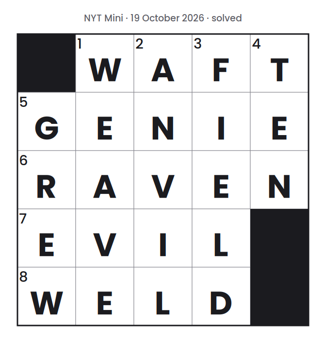 Solved NYT Mini puzzle grid for 19 October 2026, with every answer filled in.