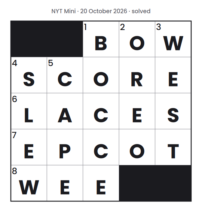 Solved NYT Mini puzzle grid for 20 October 2026, with every answer filled in.