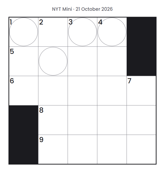 Empty NYT Mini puzzle grid for 21 October 2026, 5 squares wide and 5 squares high, with answer numbers in their squares and no letters.