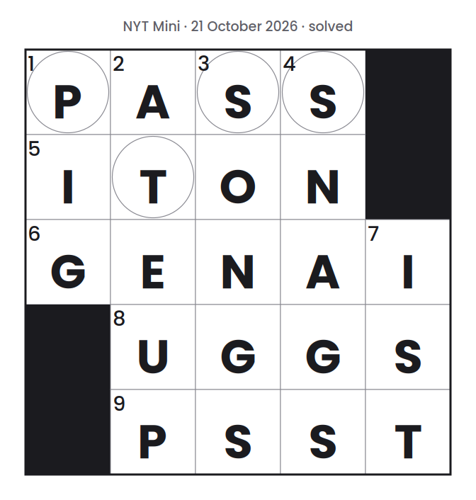 Solved NYT Mini puzzle grid for 21 October 2026, with every answer filled in.