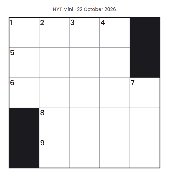 Empty NYT Mini puzzle grid for 22 October 2026, 5 squares wide and 5 squares high, with answer numbers in their squares and no letters.