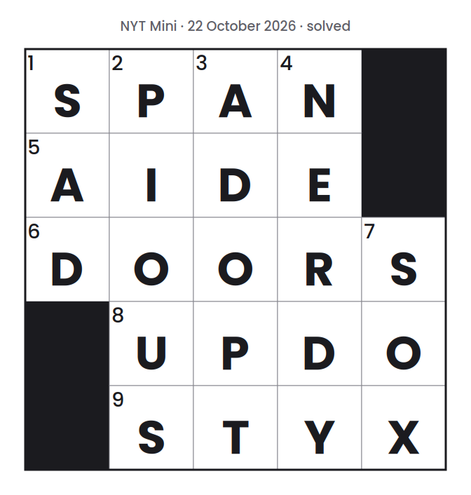 Solved NYT Mini puzzle grid for 22 October 2026, with every answer filled in.