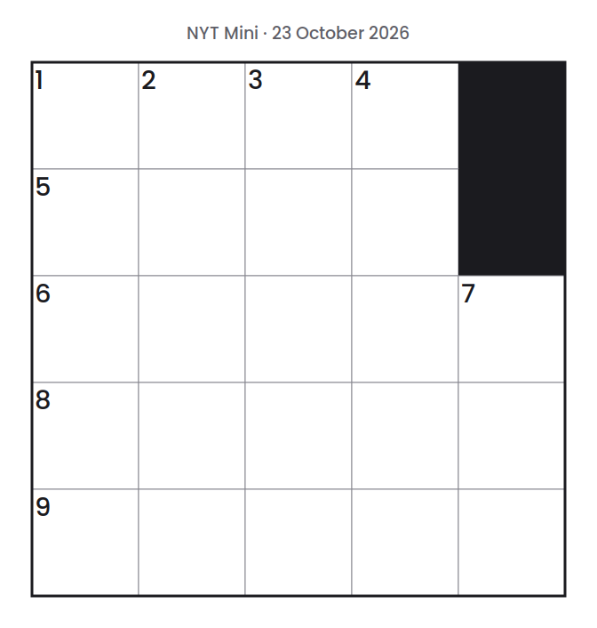 Empty NYT Mini puzzle grid for 23 October 2026, 5 squares wide and 5 squares high, with answer numbers in their squares and no letters.