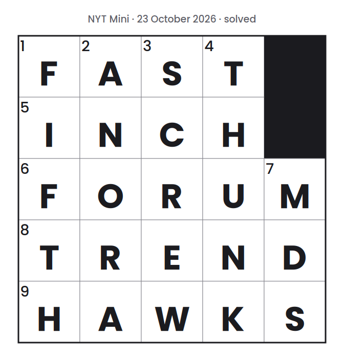 Solved NYT Mini puzzle grid for 23 October 2026, with every answer filled in.