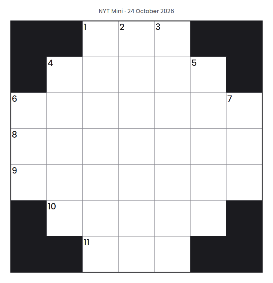 Empty NYT Mini puzzle grid for 24 October 2026, 7 squares wide and 7 squares high, with answer numbers in their squares and no letters.