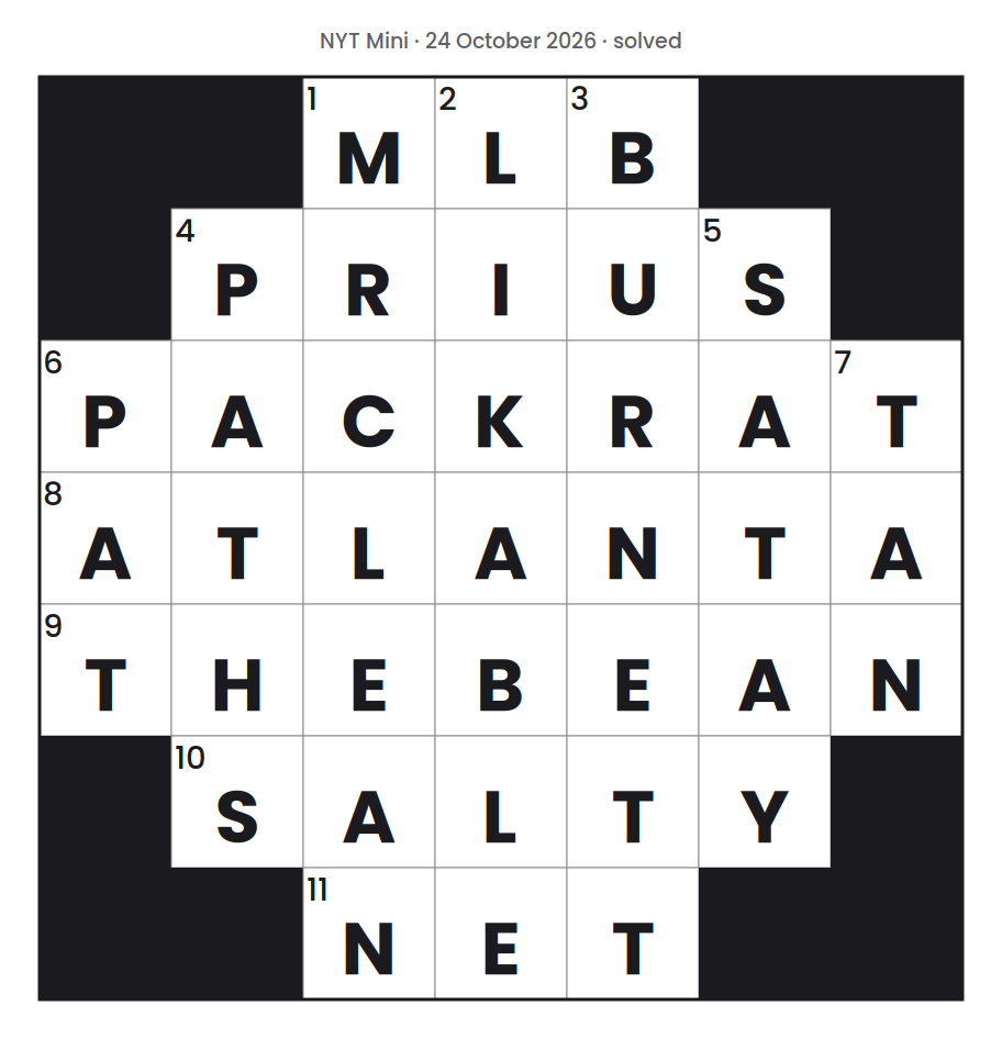 Solved NYT Mini puzzle grid for 24 October 2026, with every answer filled in.