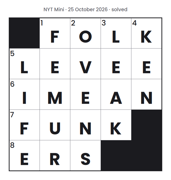 Solved NYT Mini puzzle grid for 25 October 2026, with every answer filled in.